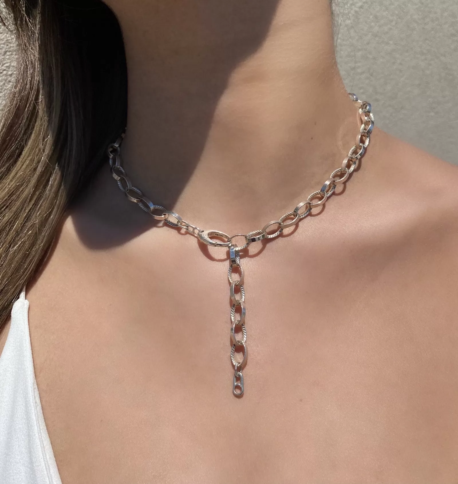 Sterling Silver - Braided Texture Oval Link Necklace