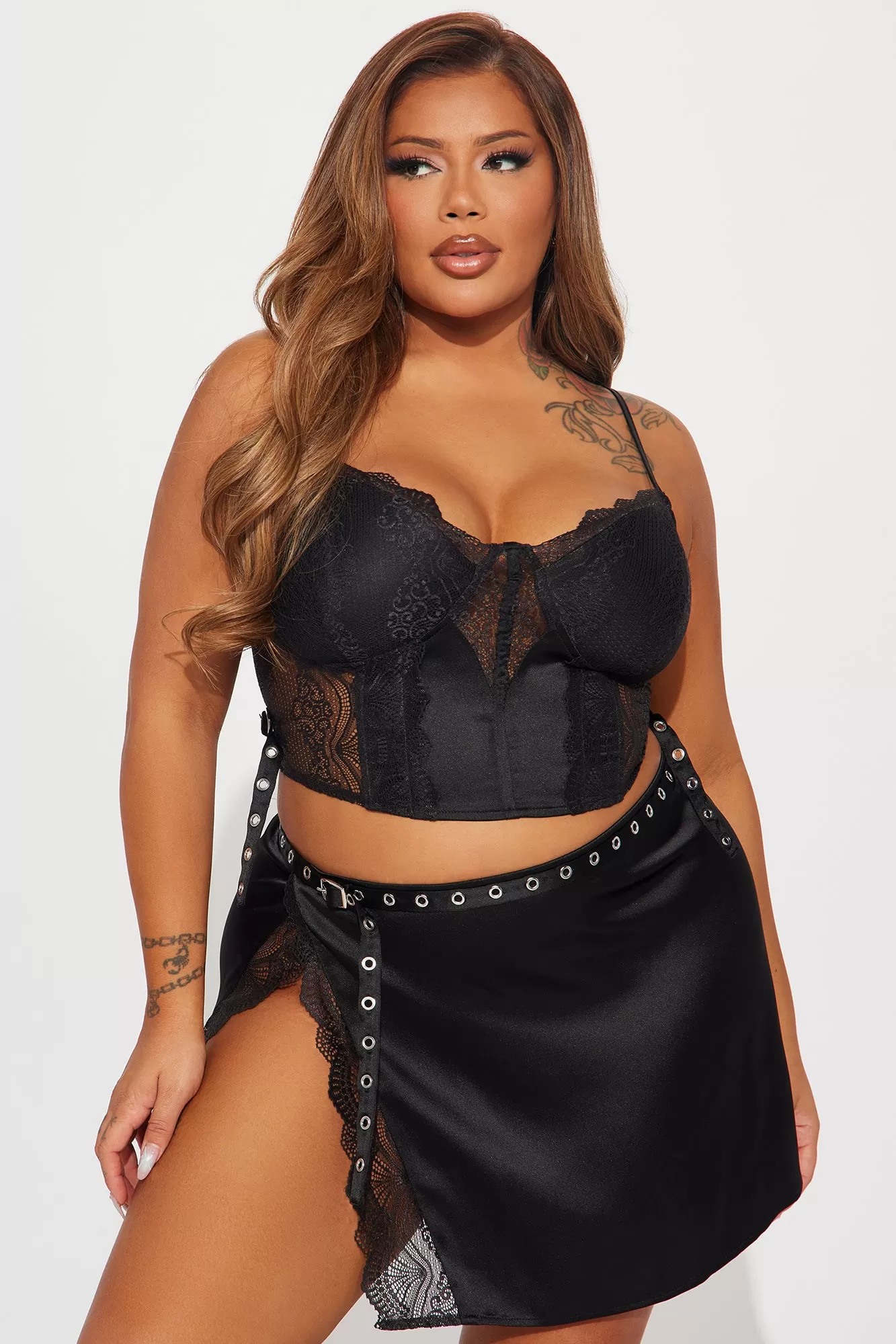 Still Pretty Satin Skirt Set - Black