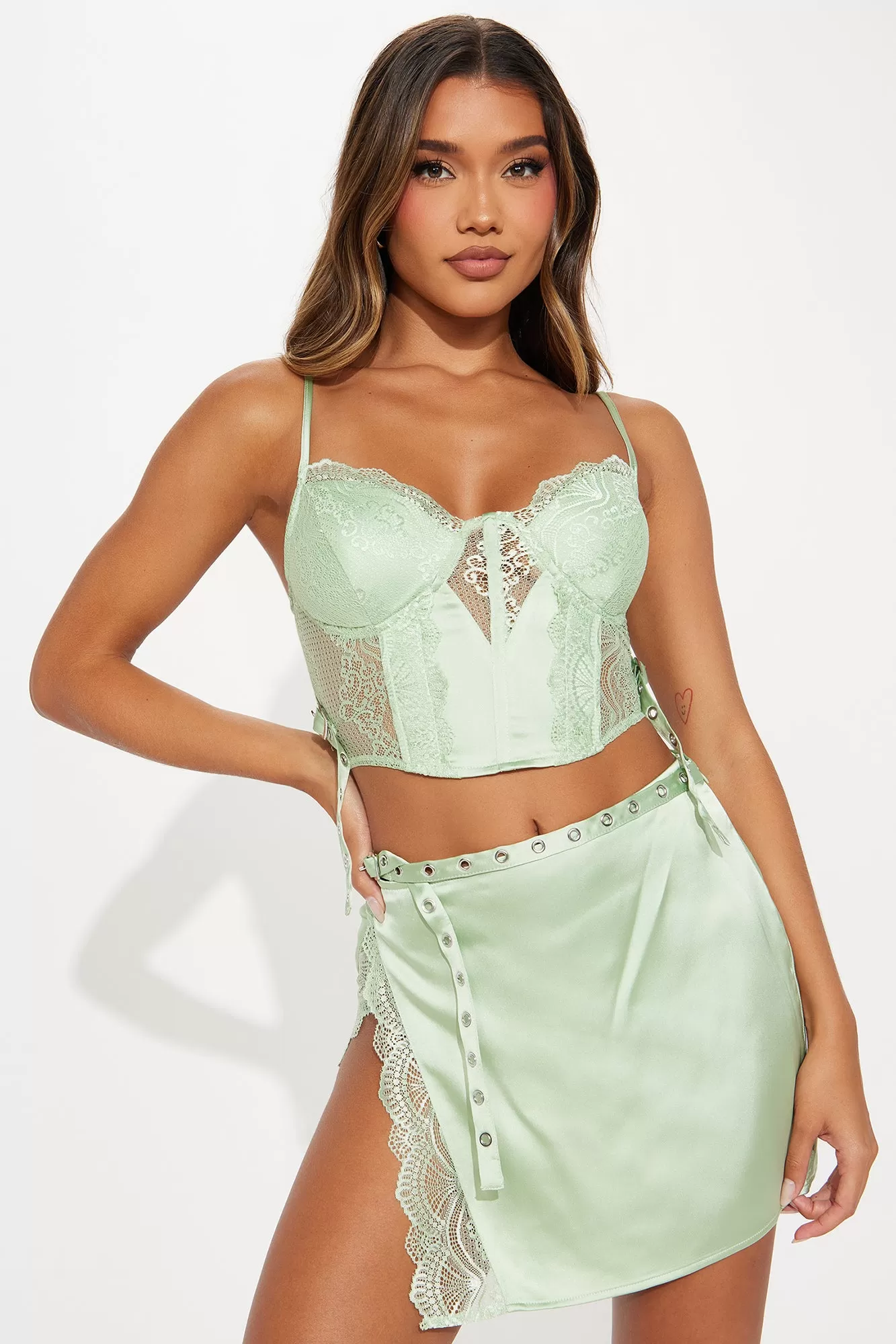 Still Pretty Satin Skirt Set - Sage