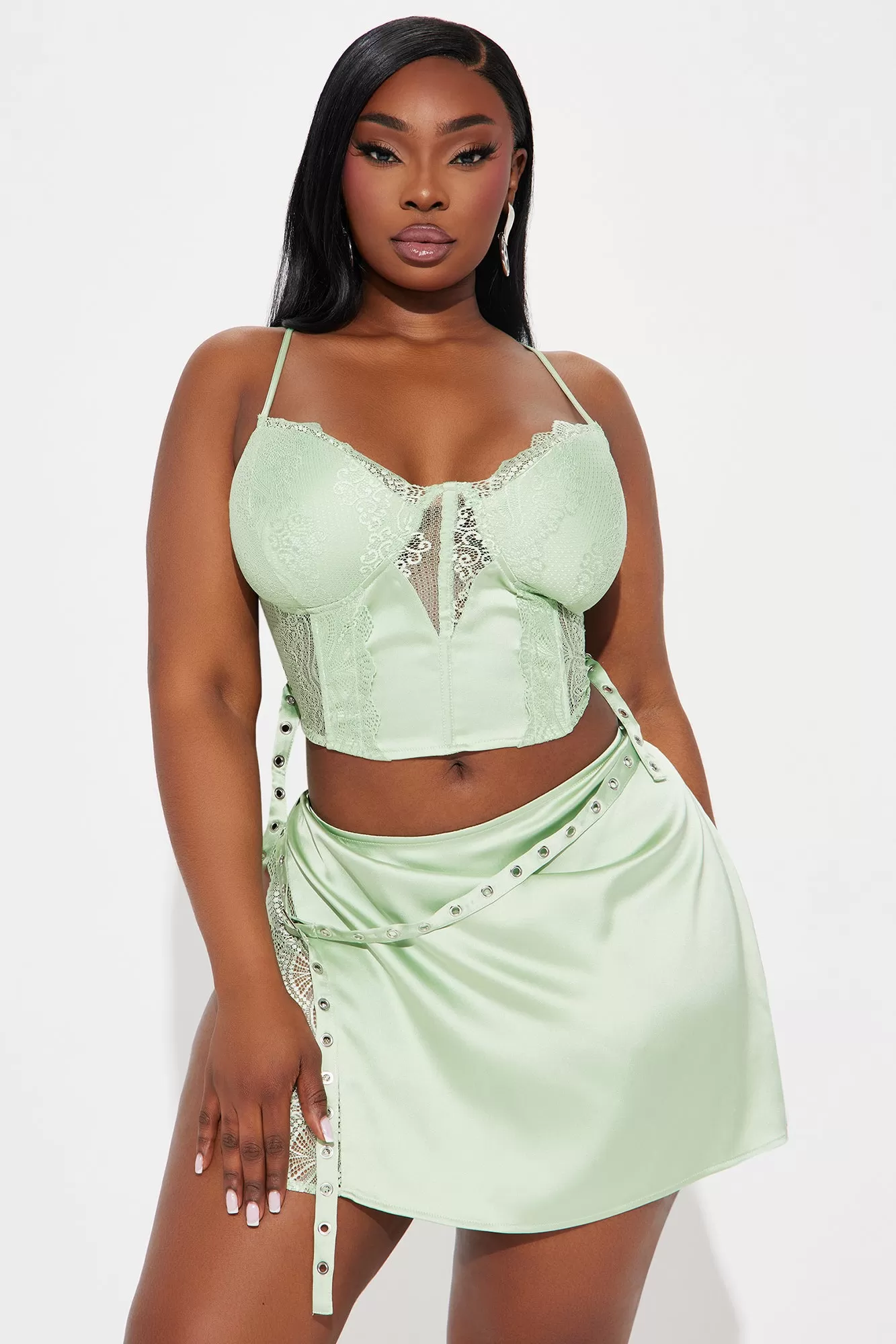 Still Pretty Satin Skirt Set - Sage