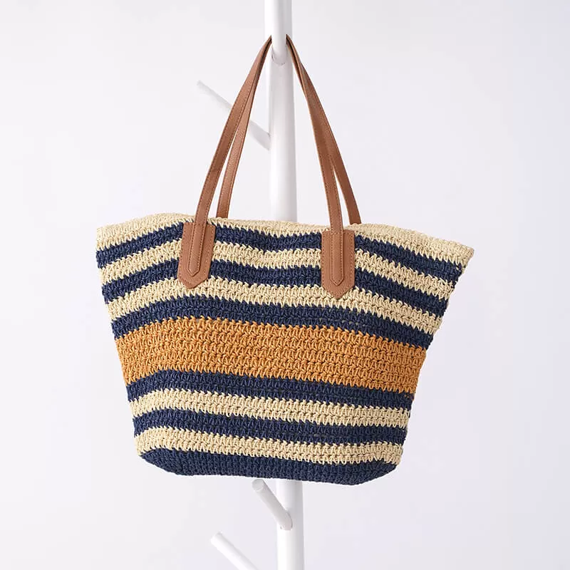 Striped Shoulder Straw Bag Casual Handmade Beach Vacation Bag