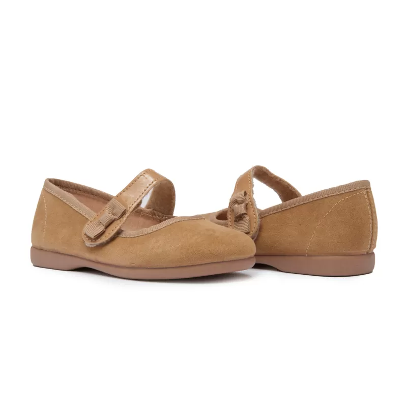 Suede Bow Mary Janes in Camel