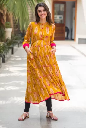 Sunshine Mustard Fuchsia Leafy Maternity & Nursing Kurta