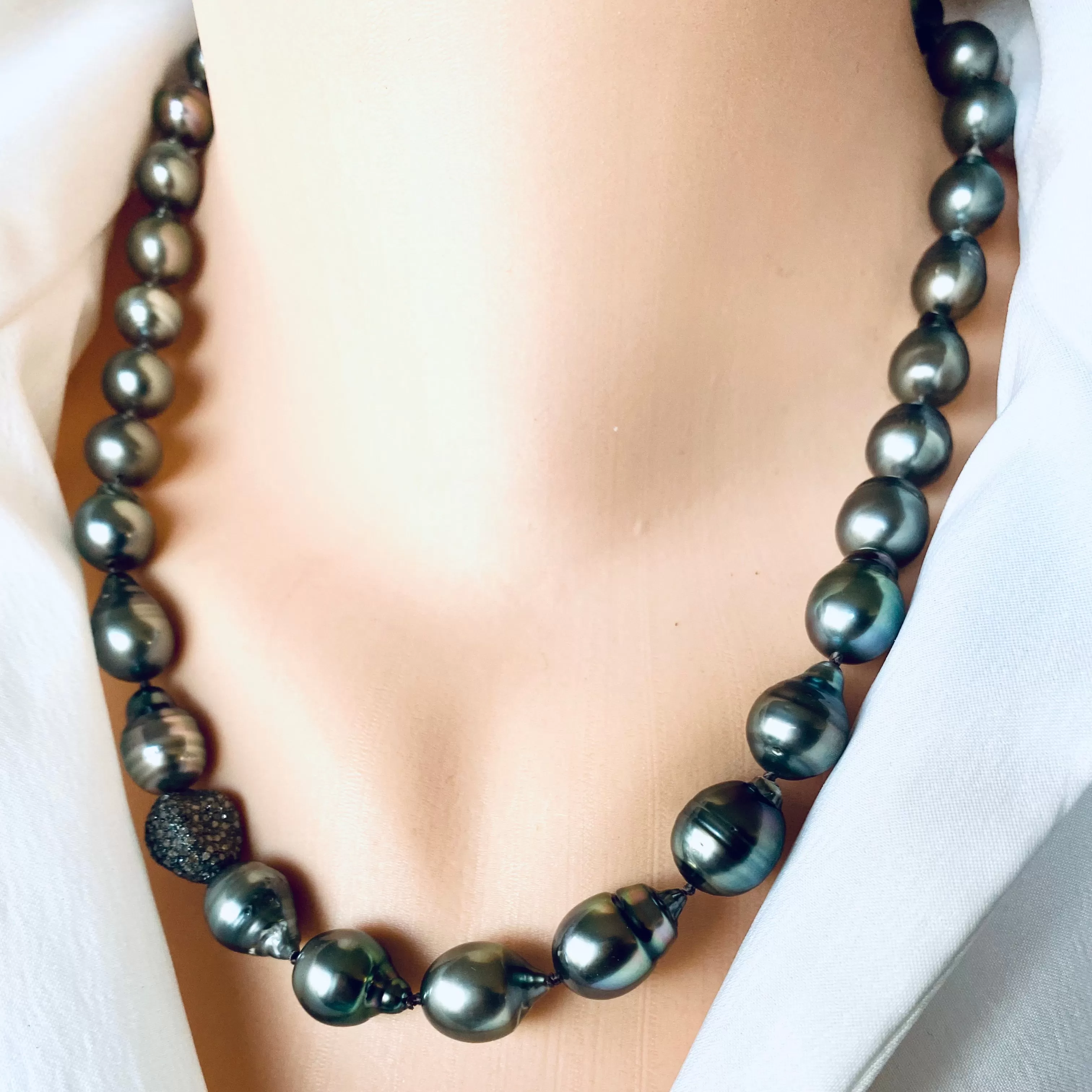 Tahitian Baroque Pearl Necklace Enhanced with Champagne Diamonds Pave Oxidized Silver Details, 16inches