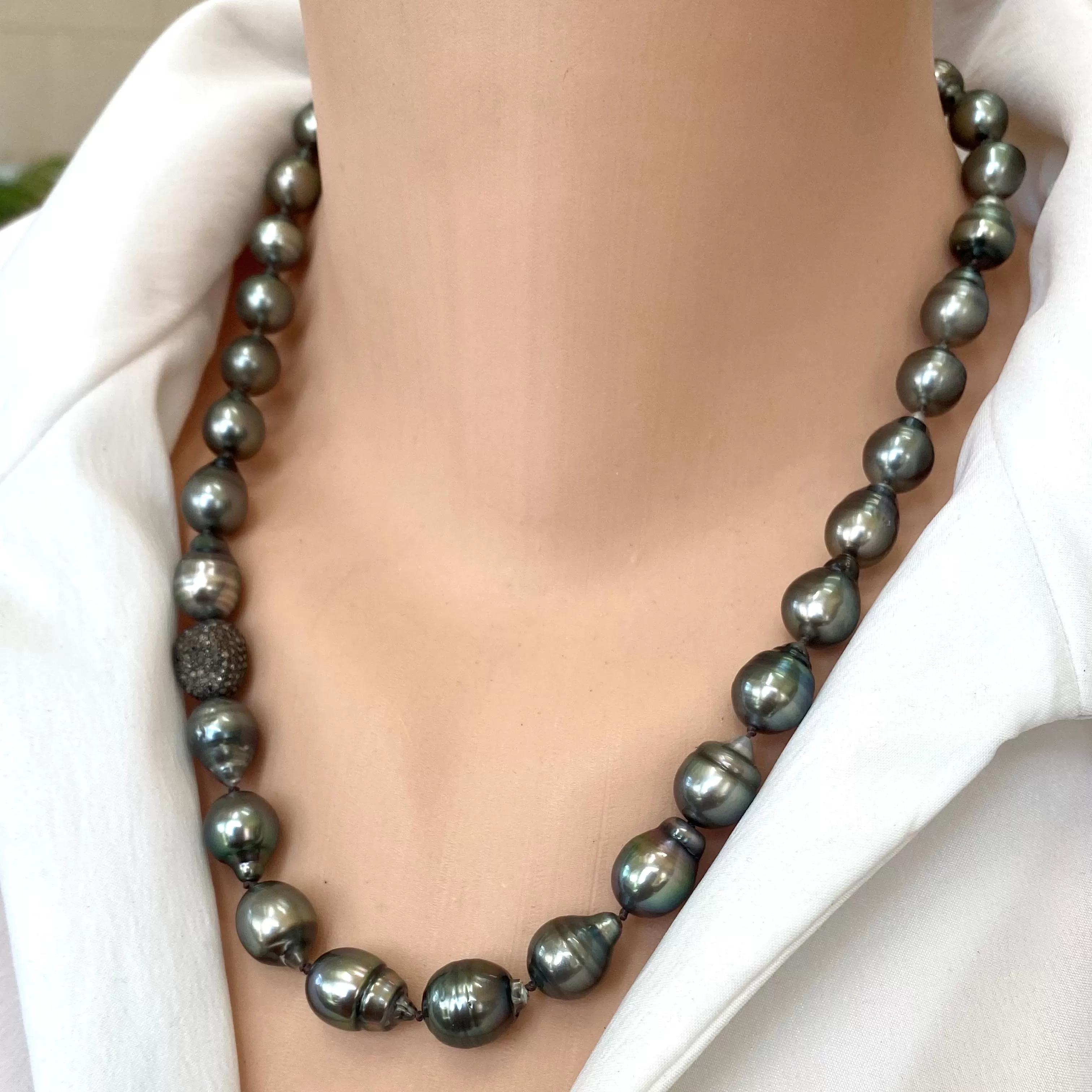 Tahitian Baroque Pearl Necklace Enhanced with Champagne Diamonds Pave Oxidized Silver Details, 16inches