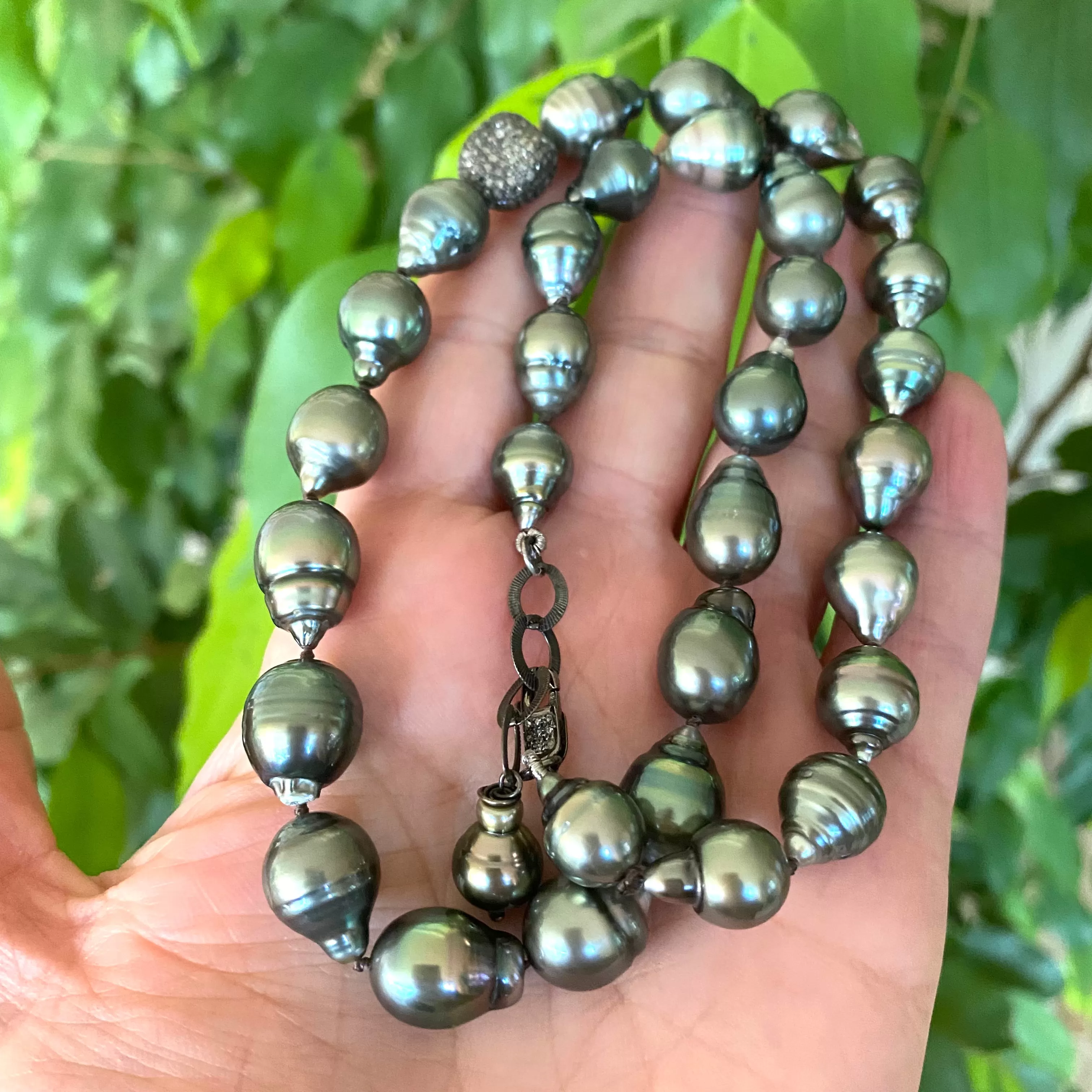 Tahitian Baroque Pearl Necklace Enhanced with Champagne Diamonds Pave Oxidized Silver Details, 16inches