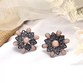 Teejh Aashini Salmon Pink Stone Silver Oxidised Earring