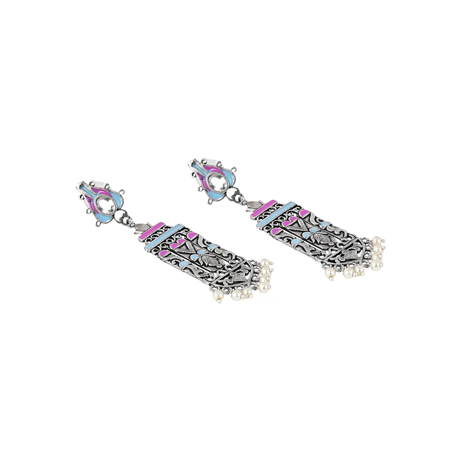 Teejh Heemal Pink and Blue Silver Oxidised Earring