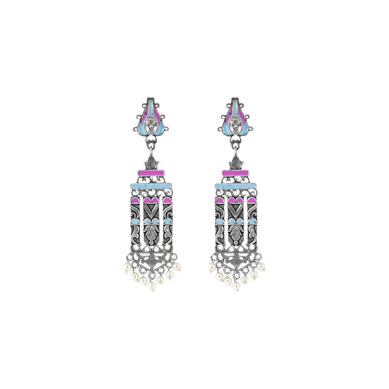 Teejh Heemal Pink and Blue Silver Oxidised Earring