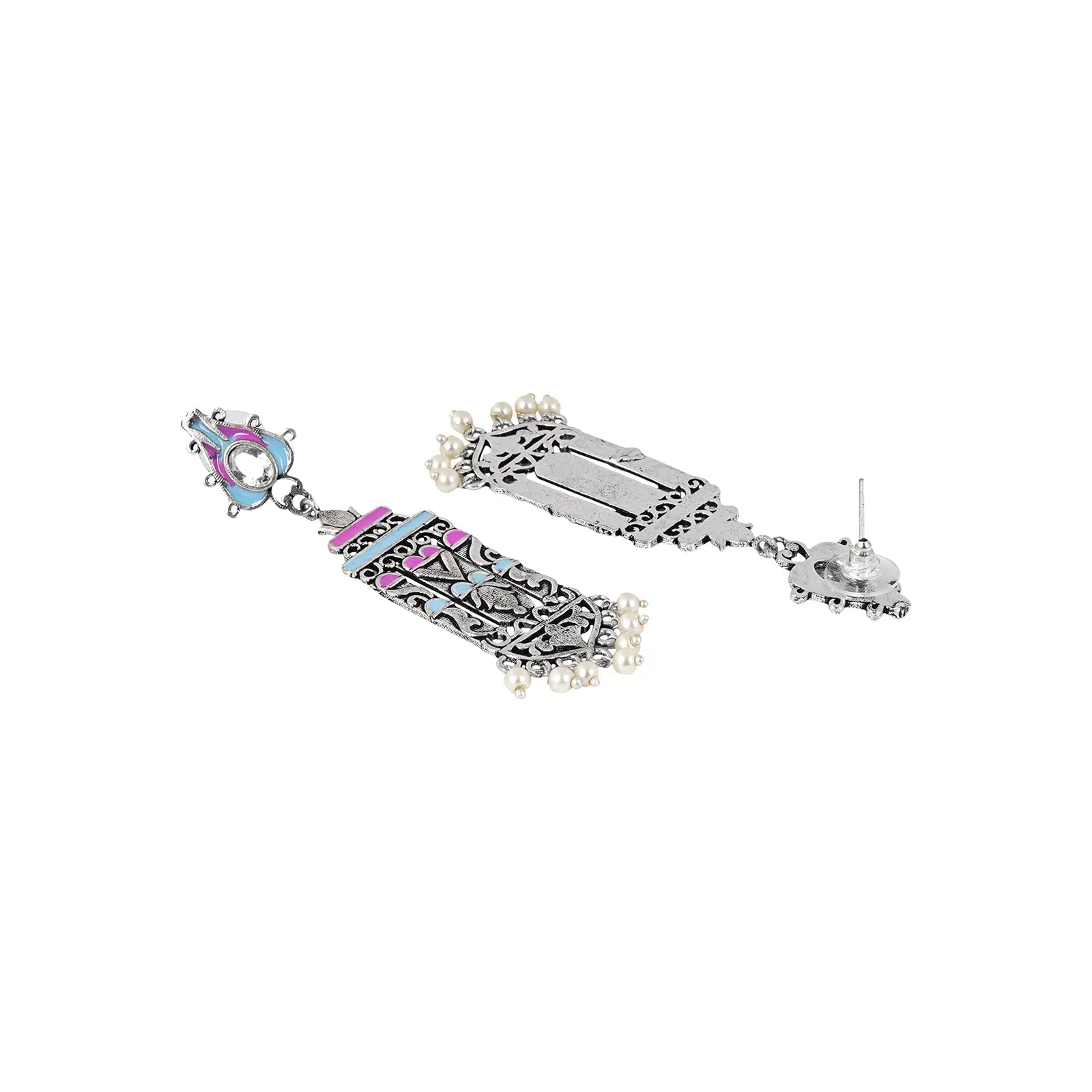 Teejh Heemal Pink and Blue Silver Oxidised Earring