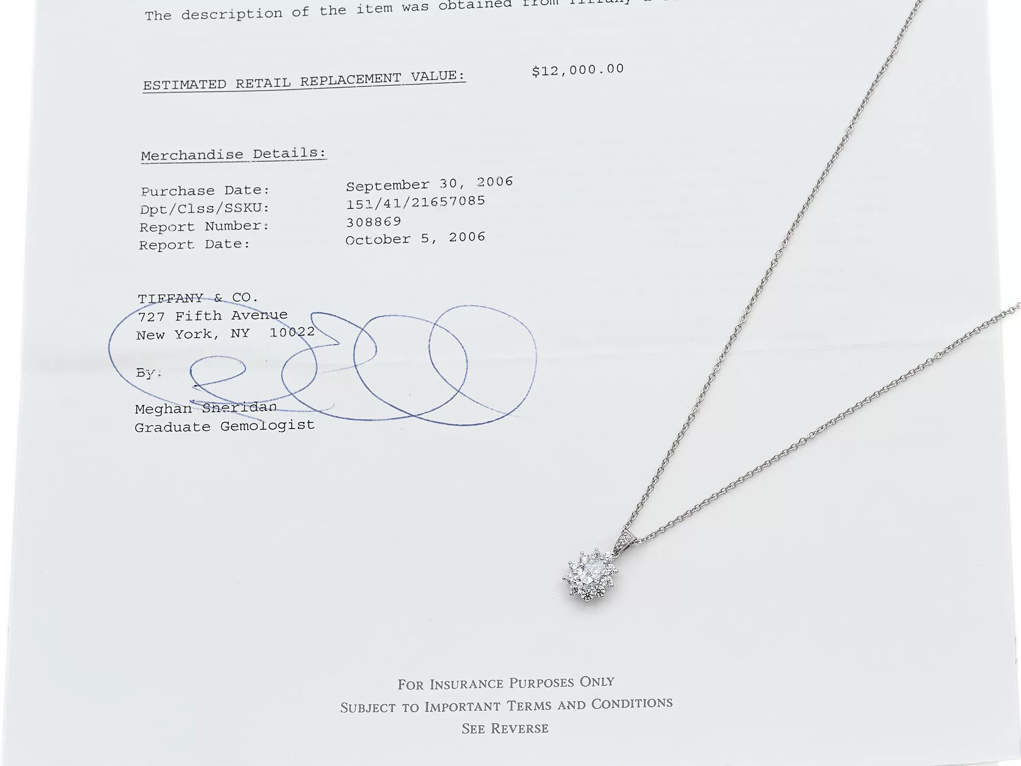 Tiffany & Co. 950 Platinum 1.51 TCW Diamond Pendant Necklace  $12,000 RRV Paper