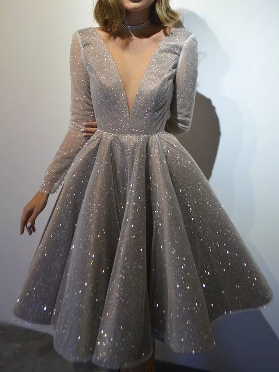 V-neck long-sleeve high-waisted sparkling evening dress