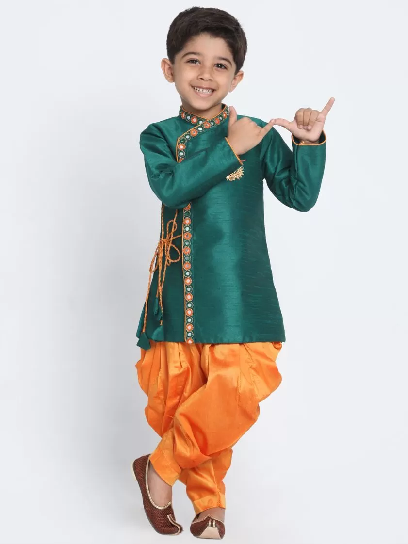 Vastramay Boy's Green Cotton Silk Blend Kurta and Dhoti Set