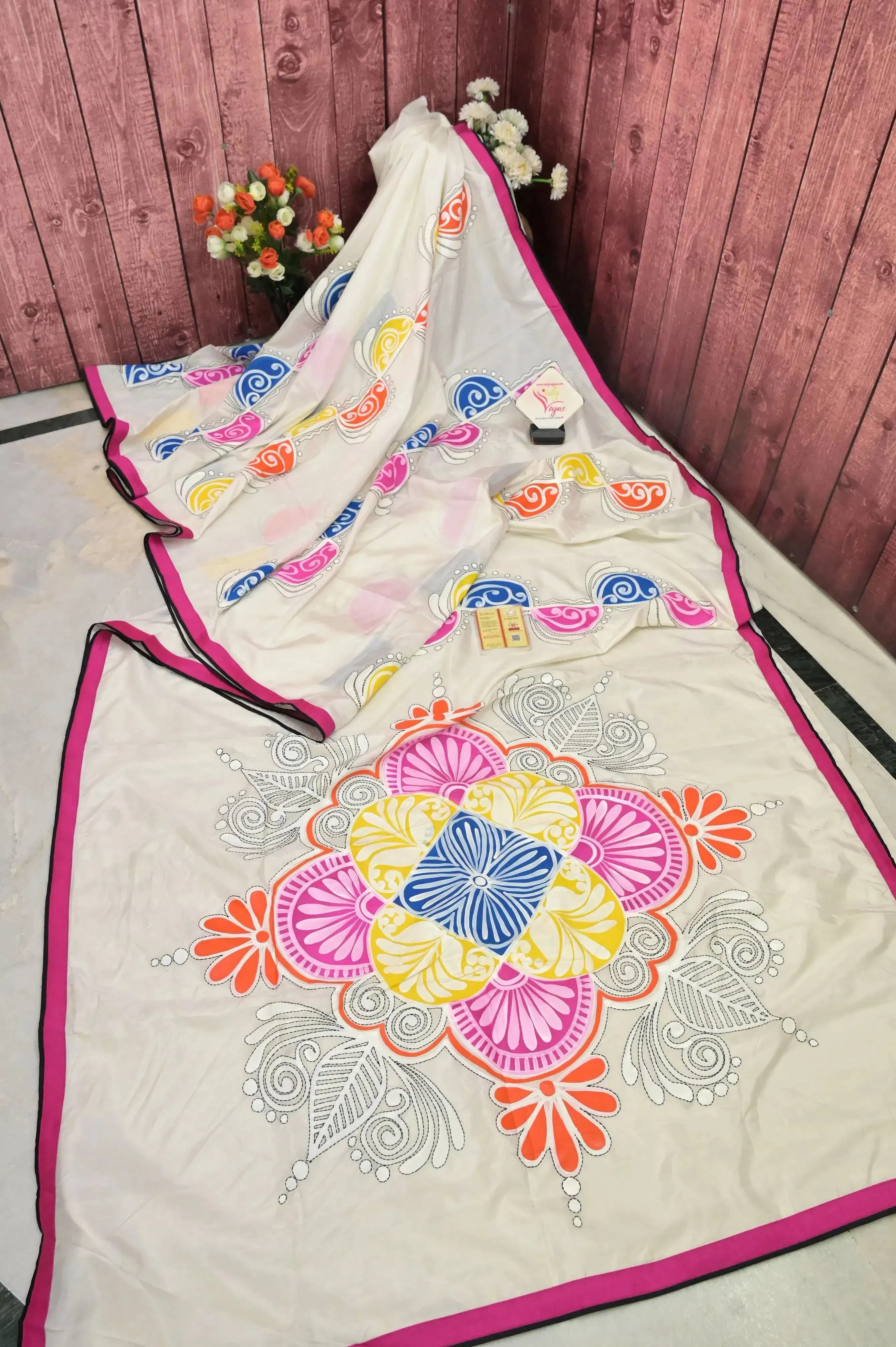 White Color Bangalore Silk Saree with Alpana Style Hand Paint Work and Hand Kantha Embroidery