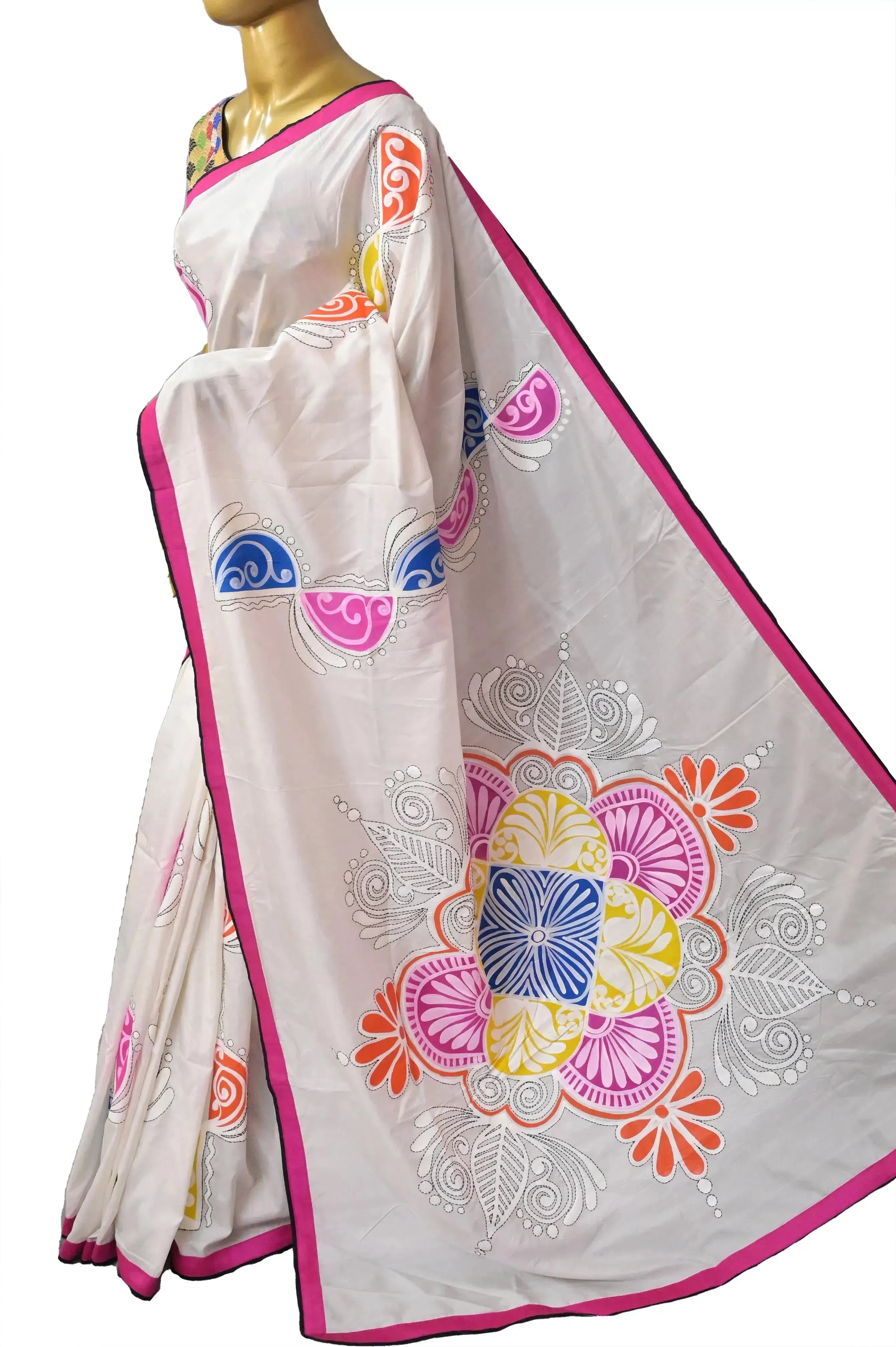 White Color Bangalore Silk Saree with Alpana Style Hand Paint Work and Hand Kantha Embroidery