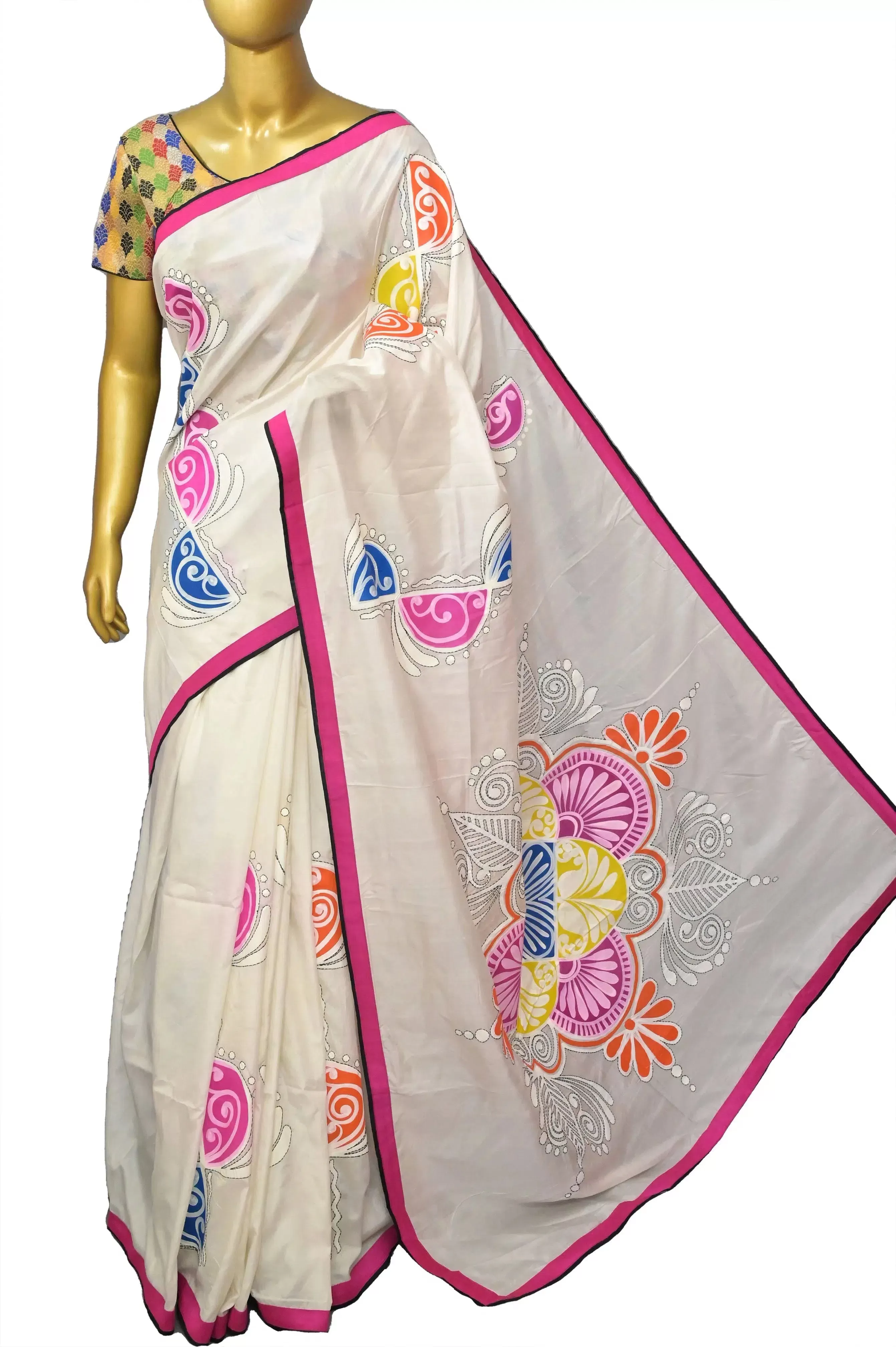 White Color Bangalore Silk Saree with Alpana Style Hand Paint Work and Hand Kantha Embroidery