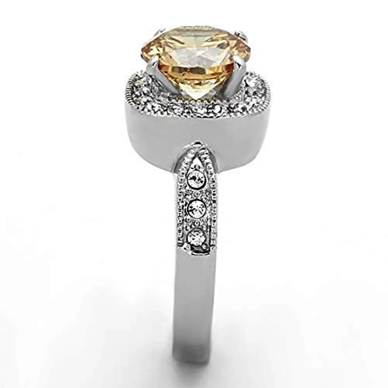 WildKlass Stainless Steel Halo Ring High Polished (no Plating) Women AAA Grade CZ Champagne