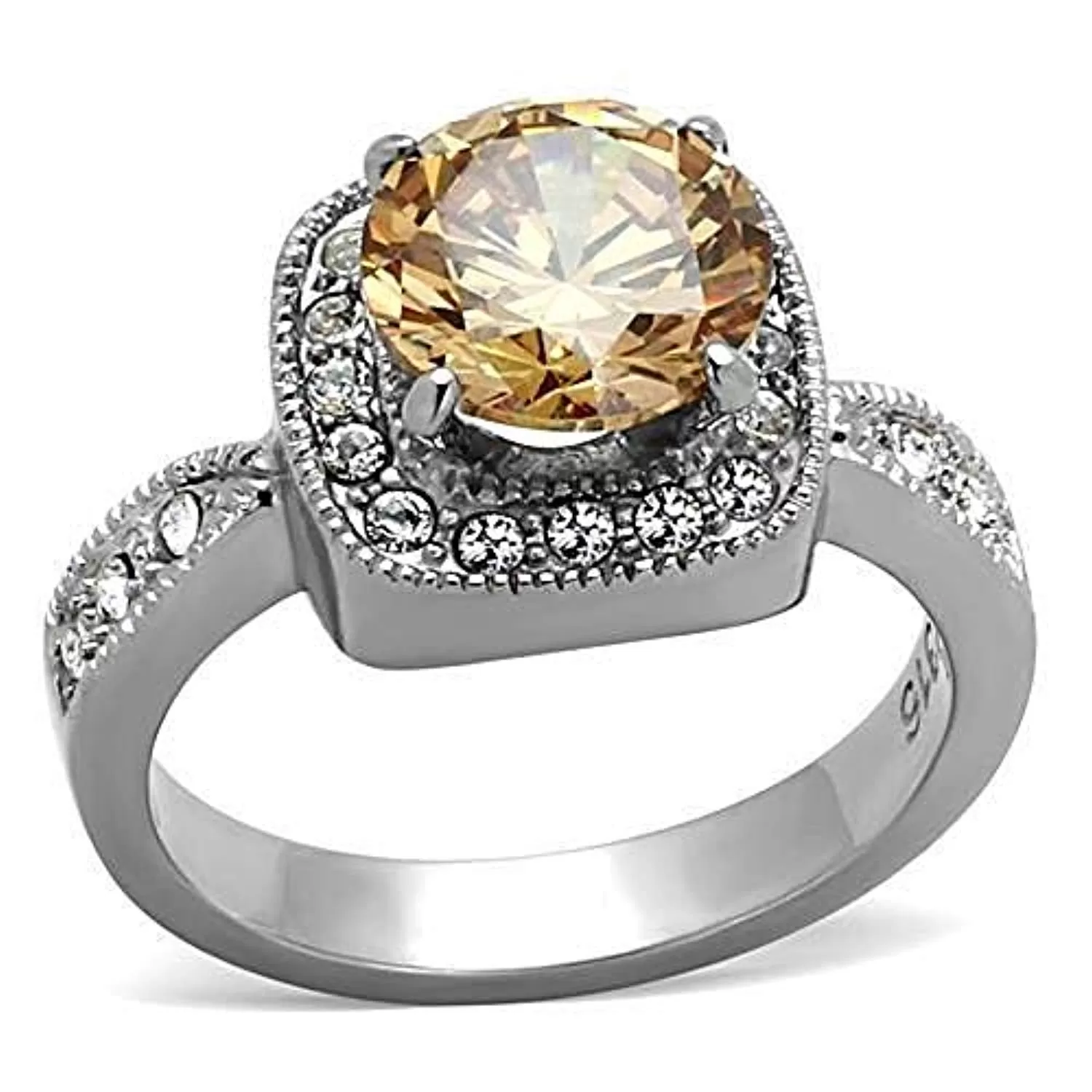 WildKlass Stainless Steel Halo Ring High Polished (no Plating) Women AAA Grade CZ Champagne